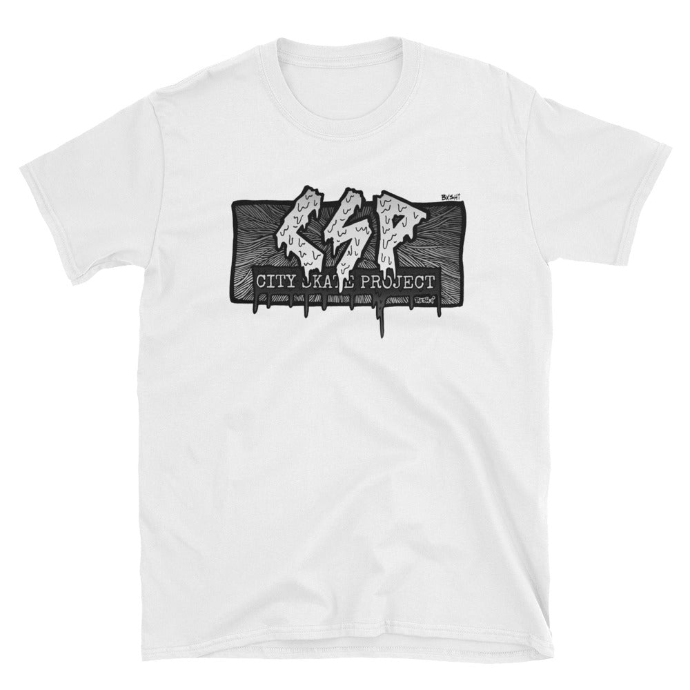 City Skate Project x BxShi skateboard CSP rectangle one color logo Skateboarding T-Shirt.