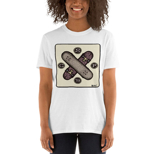 City Skate Project x BxShi skateboard cross full color square logo Skateboarding T-Shirt.